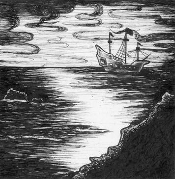 ship in the fog - 4x4&quot; ink